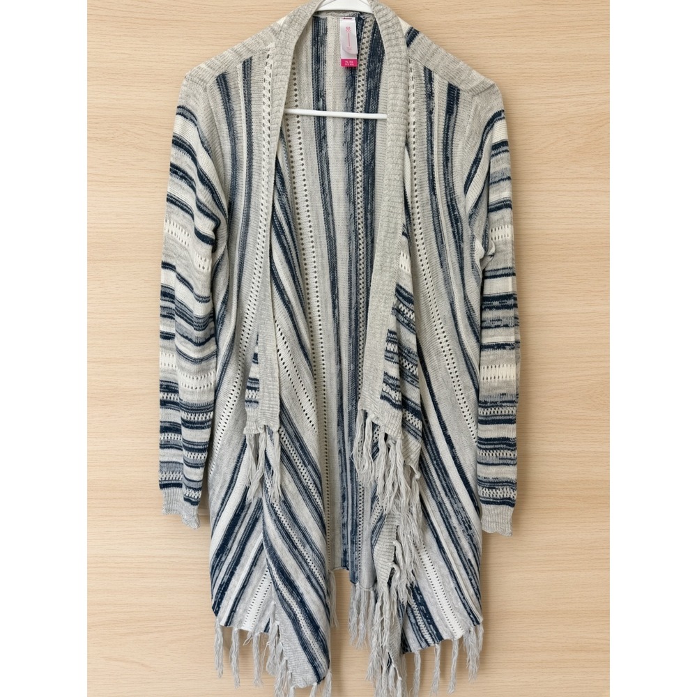 No Boundaries XL Open Front Cardigan Gray Navy Striped Fringe Pointelle